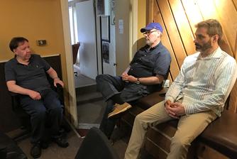 In-between takes at Frank Lamphere's recording session March 09 2020 (L-R) Dan McIntyre, Larry Harris and Dennis Carrol