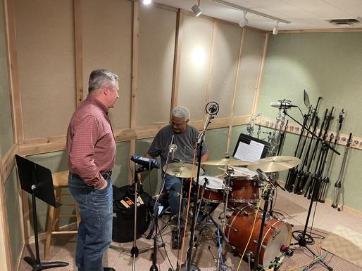 Bassist Mark Sonksen and drummer Greg Rockingham at the Lamphere recording session Oct 18, 2022