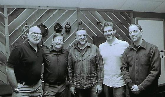 "America the Beautiful Swinging" rhythm section (June 2019) and vocalist (L-R) Larry Harris pianist, Frank Lamphere vocalist, George Fludas drummer, Dennis Carroll bassist, Andy Brown guitarist - Photo by Bill Klewitz
