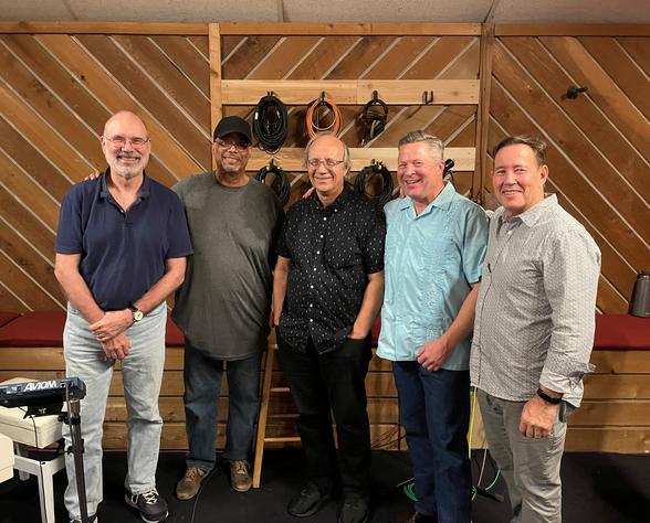 May 16, 2022 Frank Lamphere and quartet at the end of a productive recording session. (L-R) Larry Harris, Greg Rockingham, Frank Portolese, Mark Sonksen and Frank Lamphere
